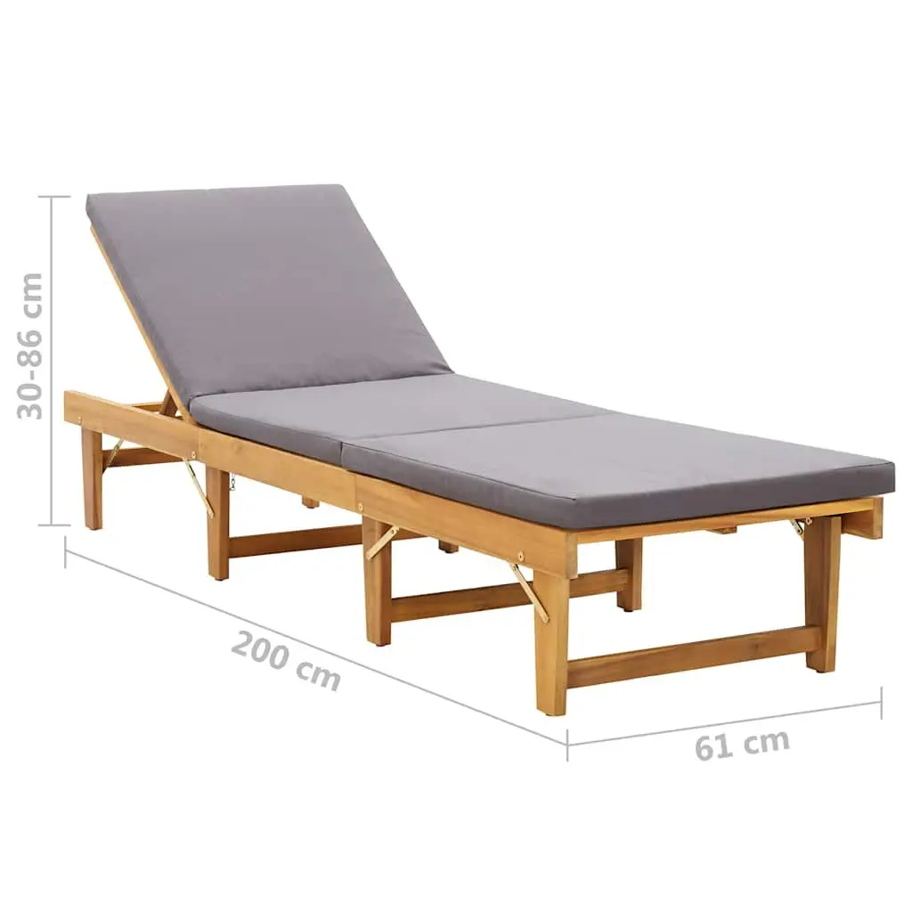 Folding Sun Lounger Chair Grey Cushion Solid Acacia Wood Garden Outdoor Patio