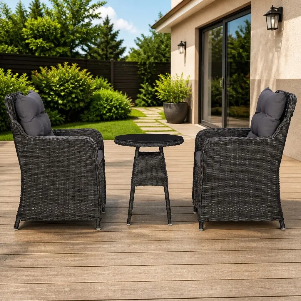 Outdoor Chairs Set 2 Piece for Garden Black Poly Rattan Seating with Tea Table