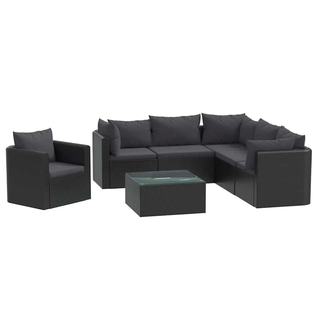 7 Piece Outdoor Sectional Sofa Set for Patio and Garden Black Poly Rattan with Cushions and Coffee Table