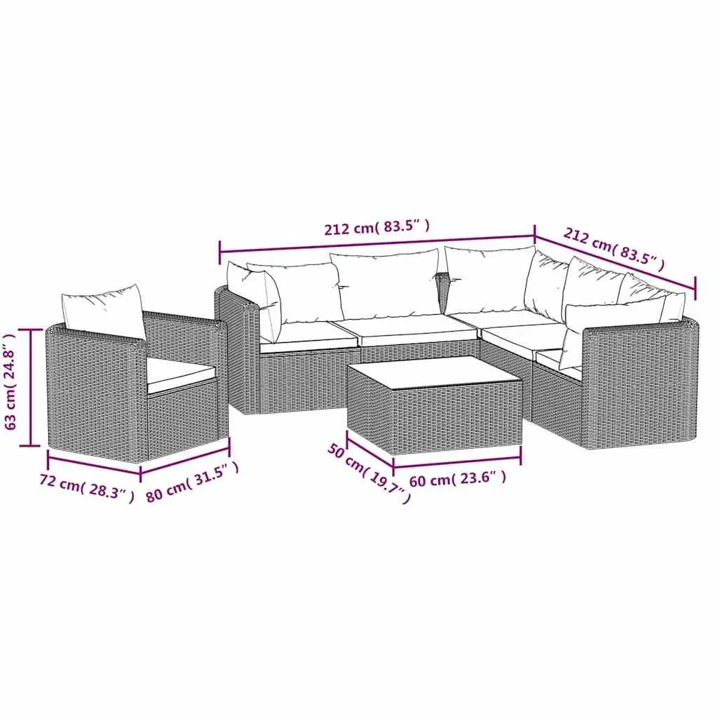 7 Piece Outdoor Sectional Sofa Set for Patio and Garden Black Poly Rattan with Cushions and Coffee Table