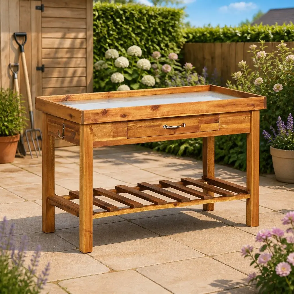 Garden Work Bench for Potting Table Use Solid Acacia Wood Zinc Top with Storage Shelf