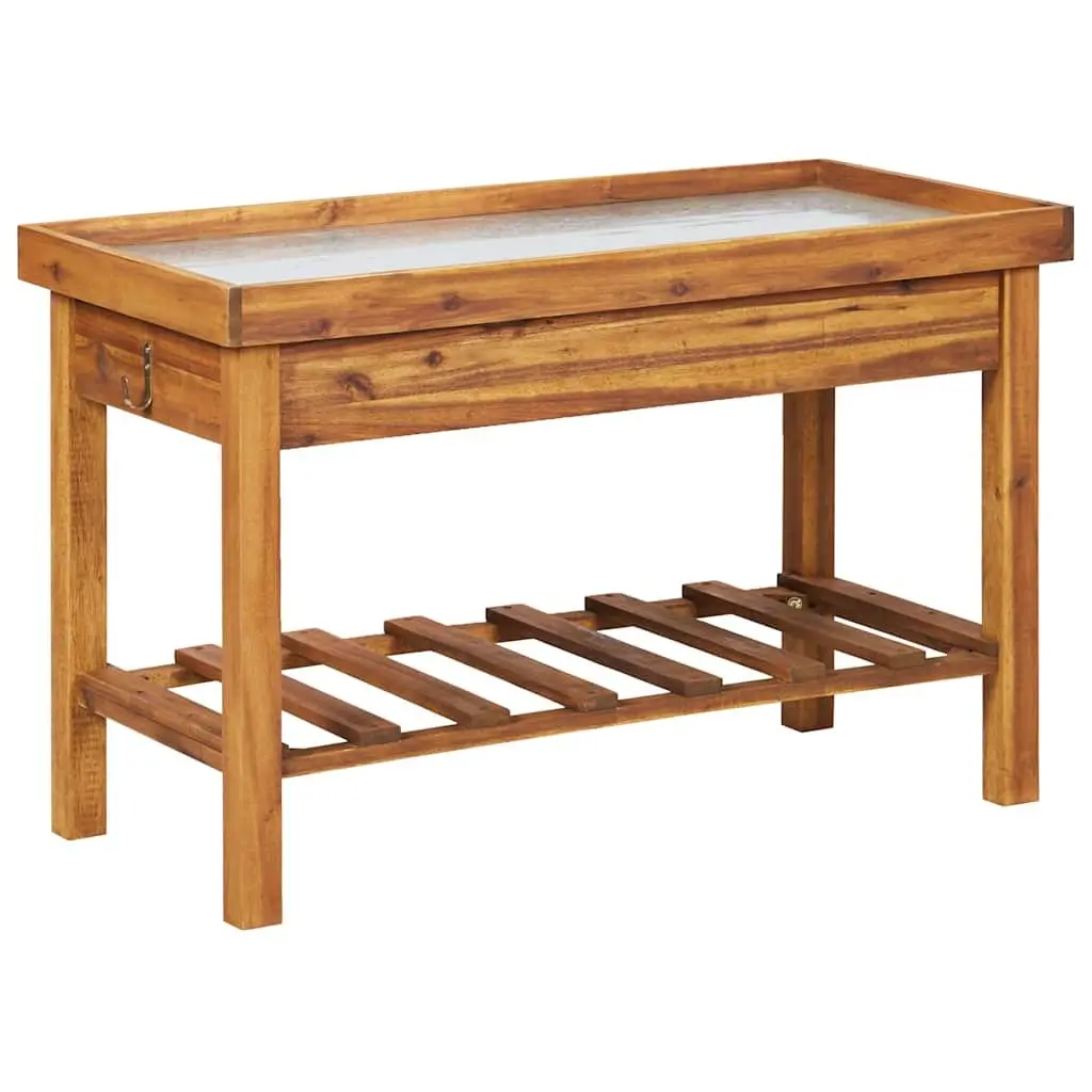 Garden Work Bench for Potting Table Use Solid Acacia Wood Zinc Top with Storage Shelf