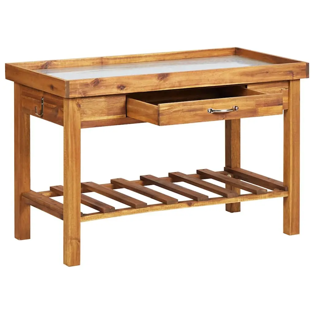 Garden Work Bench for Potting Table Use Solid Acacia Wood Zinc Top with Storage Shelf