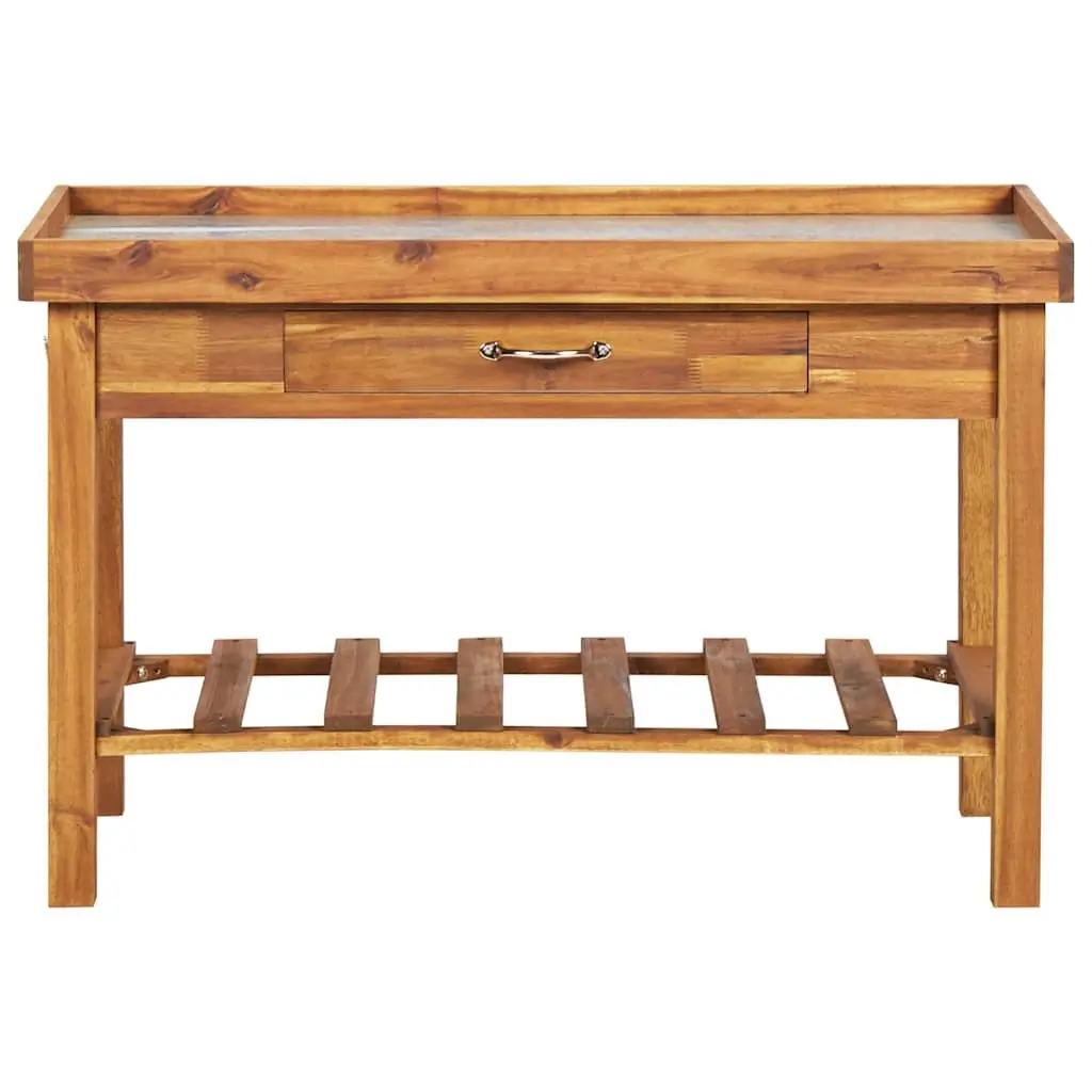 Garden Work Bench for Potting Table Use Solid Acacia Wood Zinc Top with Storage Shelf