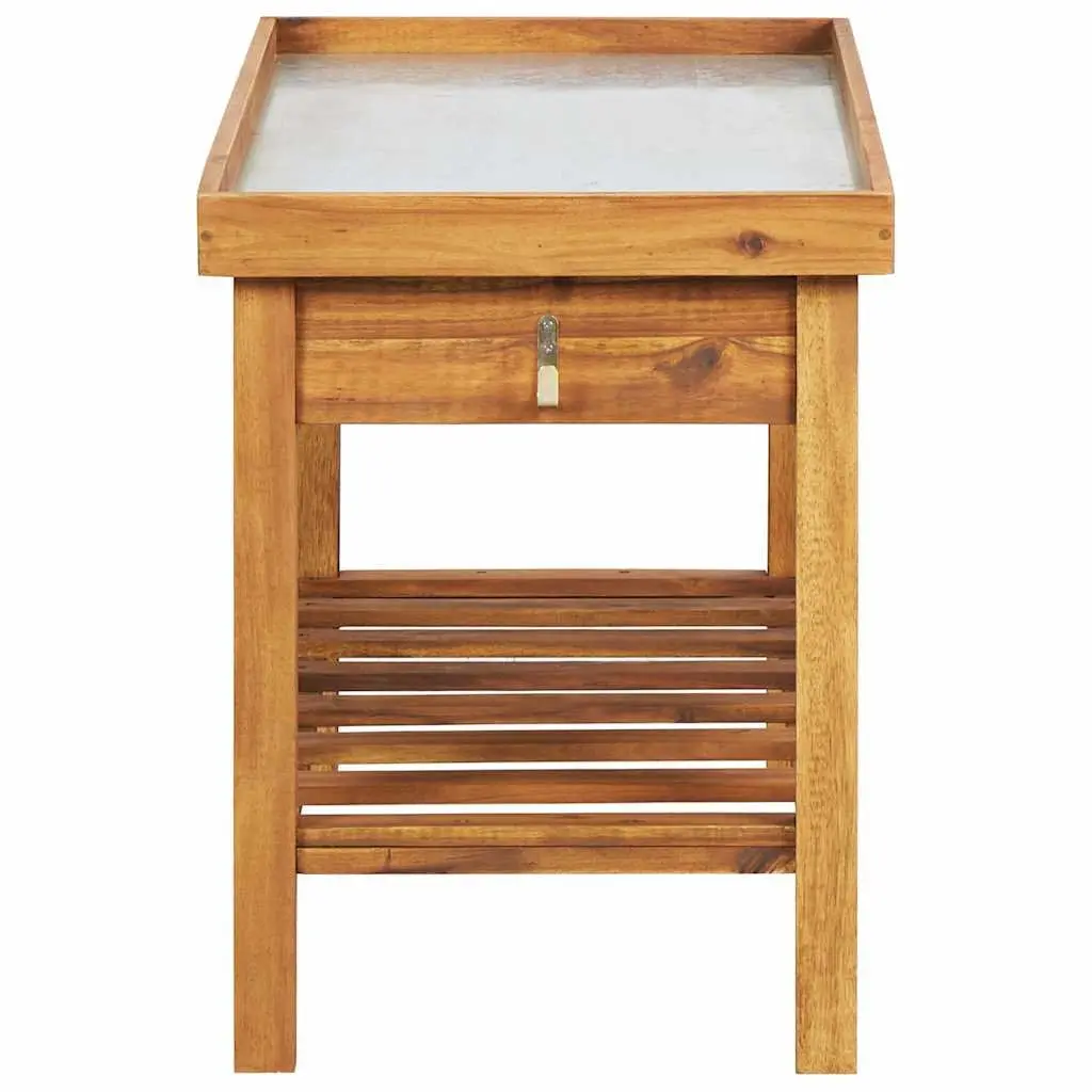 Garden Work Bench for Potting Table Use Solid Acacia Wood Zinc Top with Storage Shelf