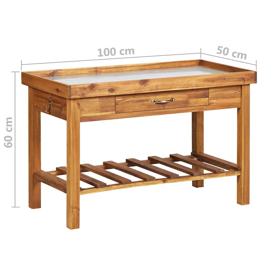 Garden Work Bench for Potting Table Use Solid Acacia Wood Zinc Top with Storage Shelf