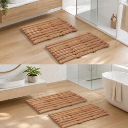 Acacia Wood Bath Mats, 2 Pcs, 56x37 cm, Water Resistant