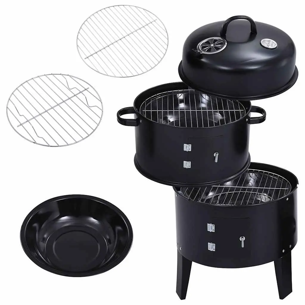 3-in-1 Charcoal Smoker BBQ Grill Outdoor Cooking 40x80cm Black Portable