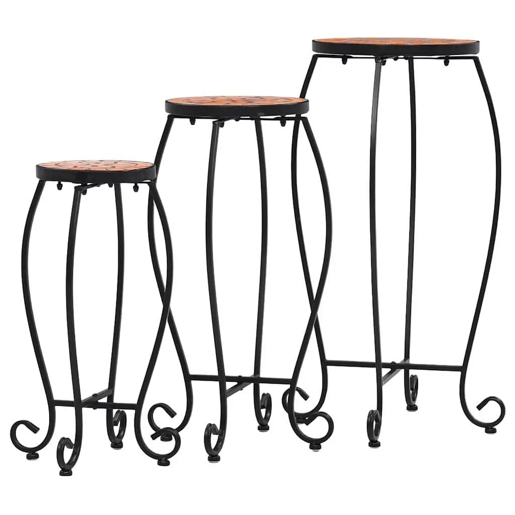 Mosaic Plant Stand Table Set 3pc Ceramic Top Garden Outdoor Patio Decor Brown