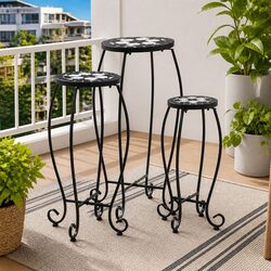 Mosaic Plant Stand Set 3 pcs Black White Ceramic Coffee Table Garden Balcony