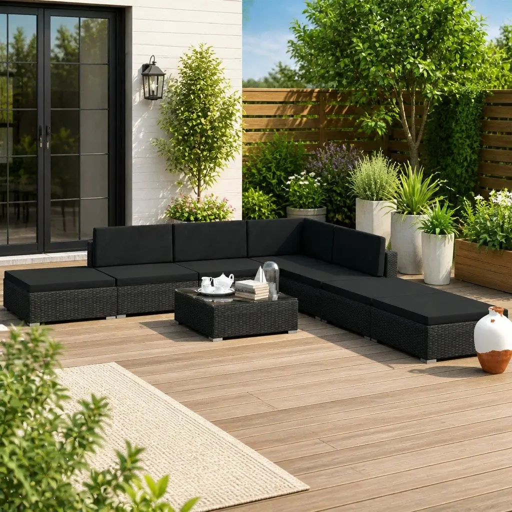 8 Piece Outdoor Poly Rattan Sofa Set for Garden and Patio with Cushions Black