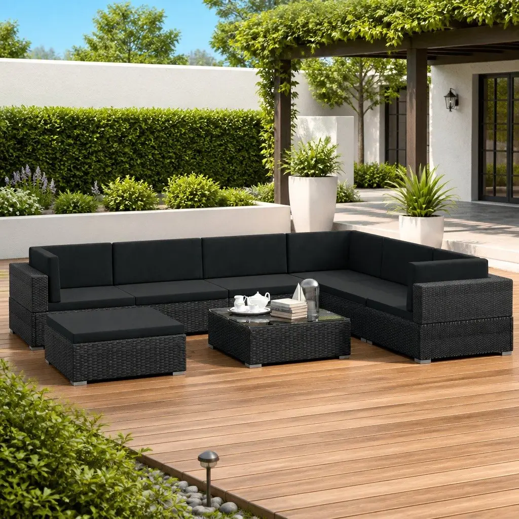 Garden Lounge Set Outdoor Furniture 8 Piece Poly Rattan Sofa with Cushions Black