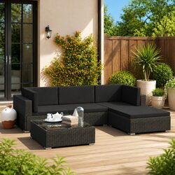 5 Piece Garden Lounge Set: Modular Black Sofa with Cushions