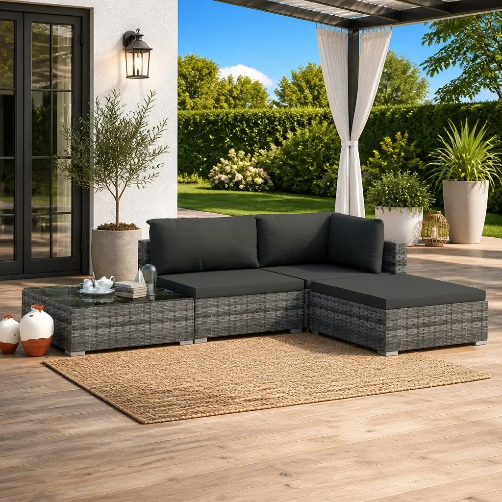 Grey Rattan Outdoor Lounge Sofa Set 4 Piece with Removable Cushions for Patio and Garden Use