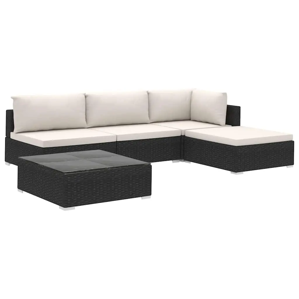 Outdoor Lounge Set 5 Piece Modular Sofa with Cushions Weather Resistant Black Poly Rattan for Garden Patio