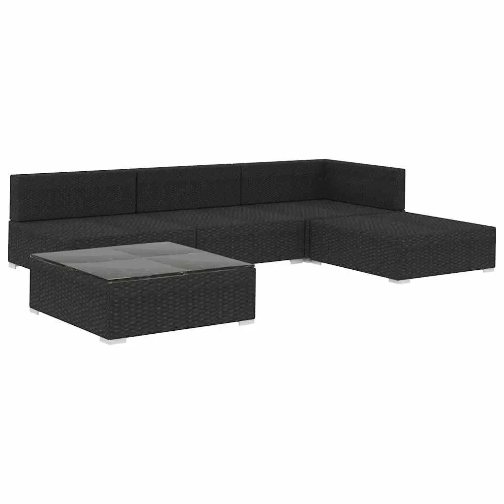 Outdoor Lounge Set 5 Piece Modular Sofa with Cushions Weather Resistant Black Poly Rattan for Garden Patio