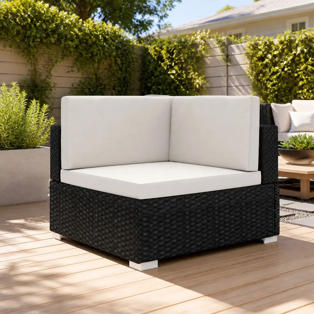 Outdoor Sectional Corner Chair for Garden Black Poly Rattan with Removable Cushions
