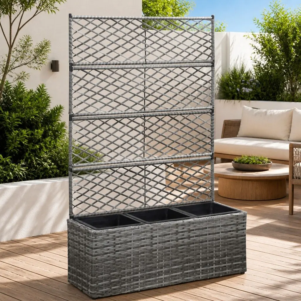 Trellis Raised Garden Bed Outdoor with 3 Pots Grey 83x30x130 cm