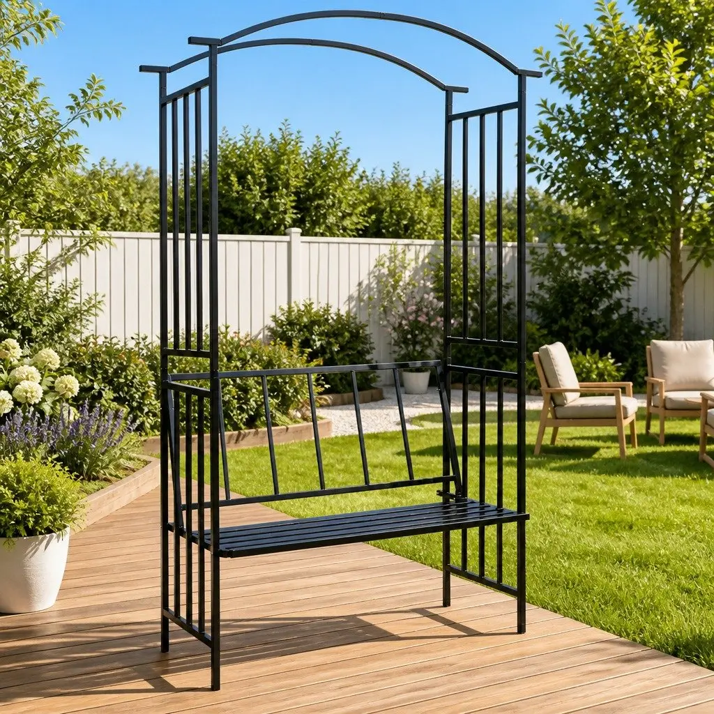 Garden Arch with Bench Outdoor Patio 128 x 50 x 207 cm Black Iron