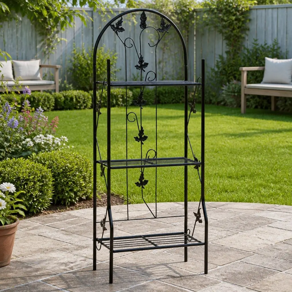3-Layer Plant Stand Rack Indoor Outdoor Black Iron Shelf Display