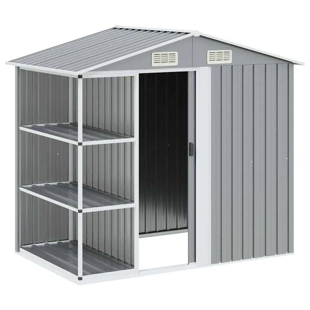 Garden Shed with Rack Grey Outdoor Storage House Galvanised Iron Tool Equipment