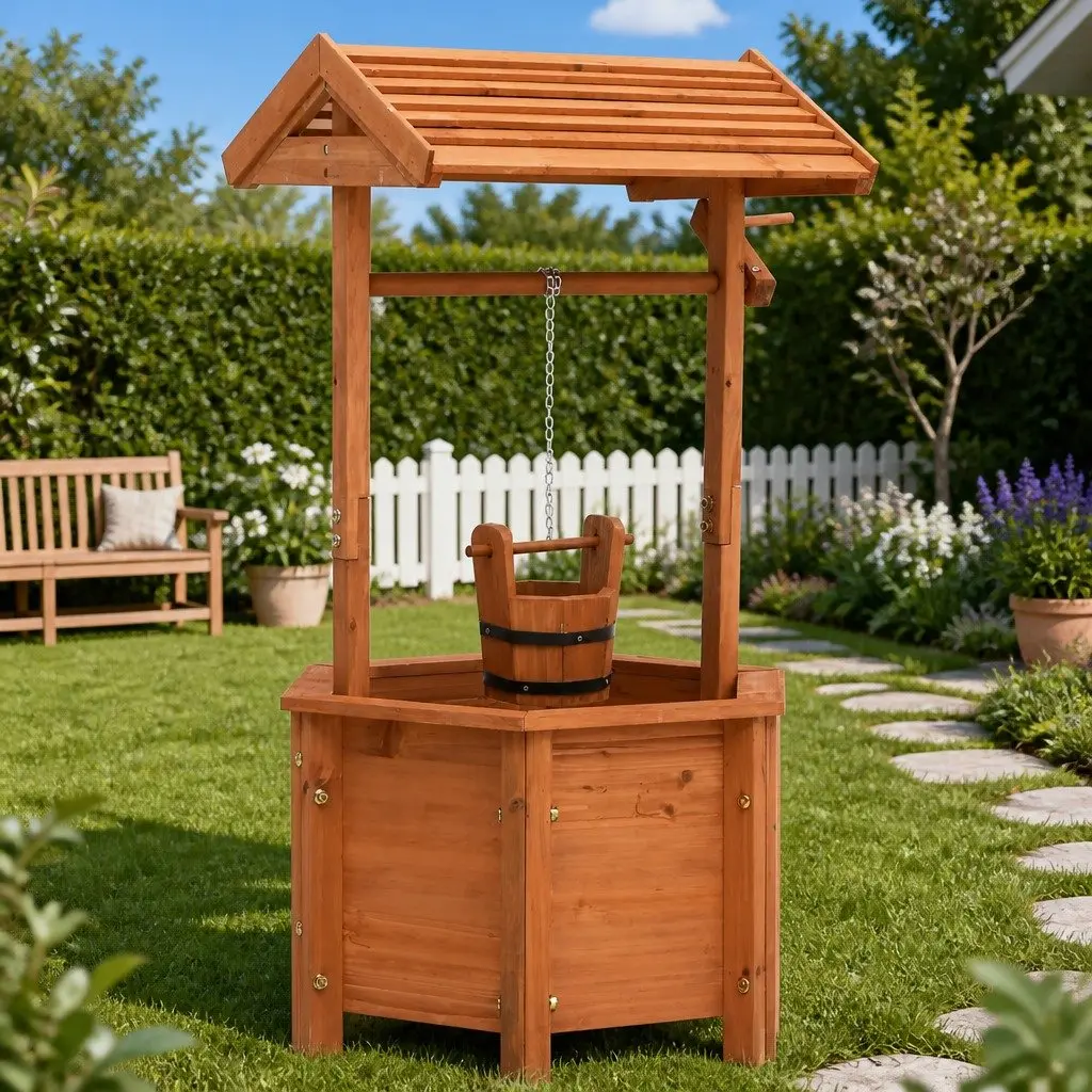 Wooden Wishing Well Planter Outdoor Garden Decoration 40 x 40 x 84 cm