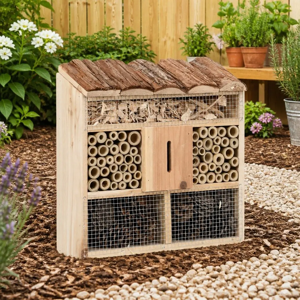 Wooden Insect Hotel Butterfly House Garden Wildlife Shelter Brown Firwood