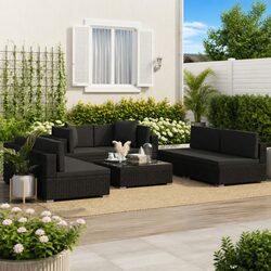 Black 7-Piece Rattan Sofa Set - 2 Corner, 4 Centre, 1 Table