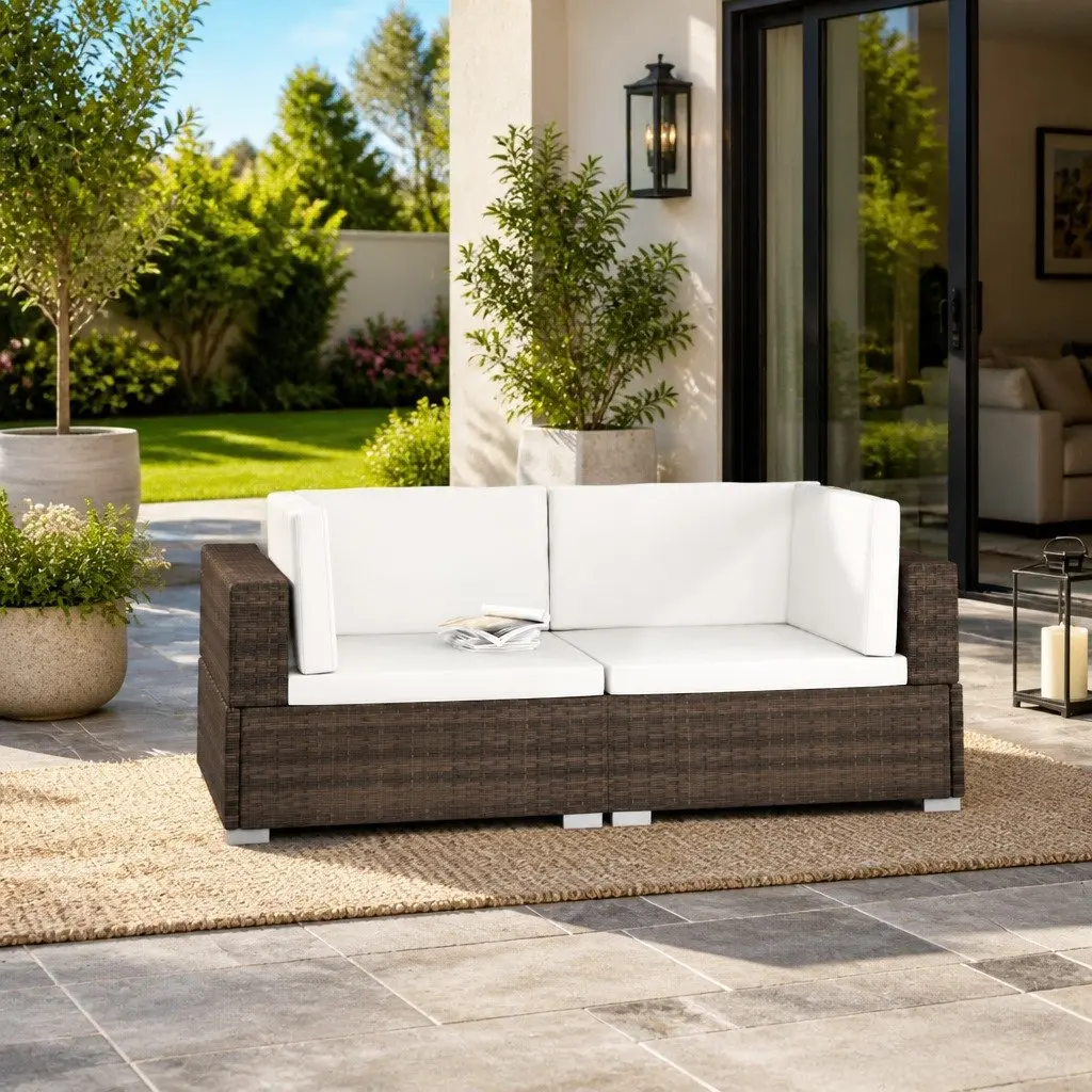 Outdoor Sectional Corner Chairs 2 Piece Garden Sofa Seat Brown Cushions