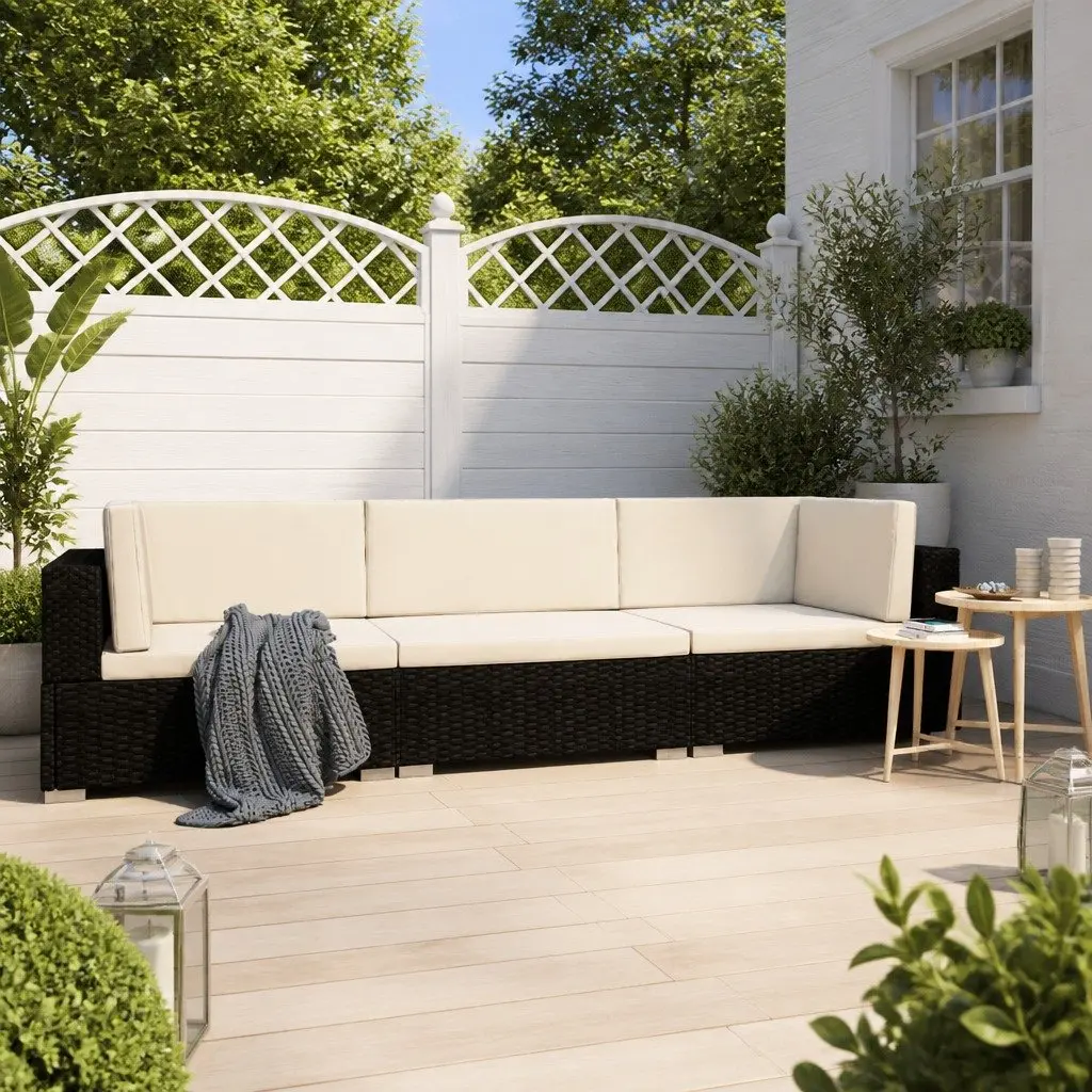 Outdoor Sofa Set for Garden Patio 3 Piece Black Poly Rattan with Cushions