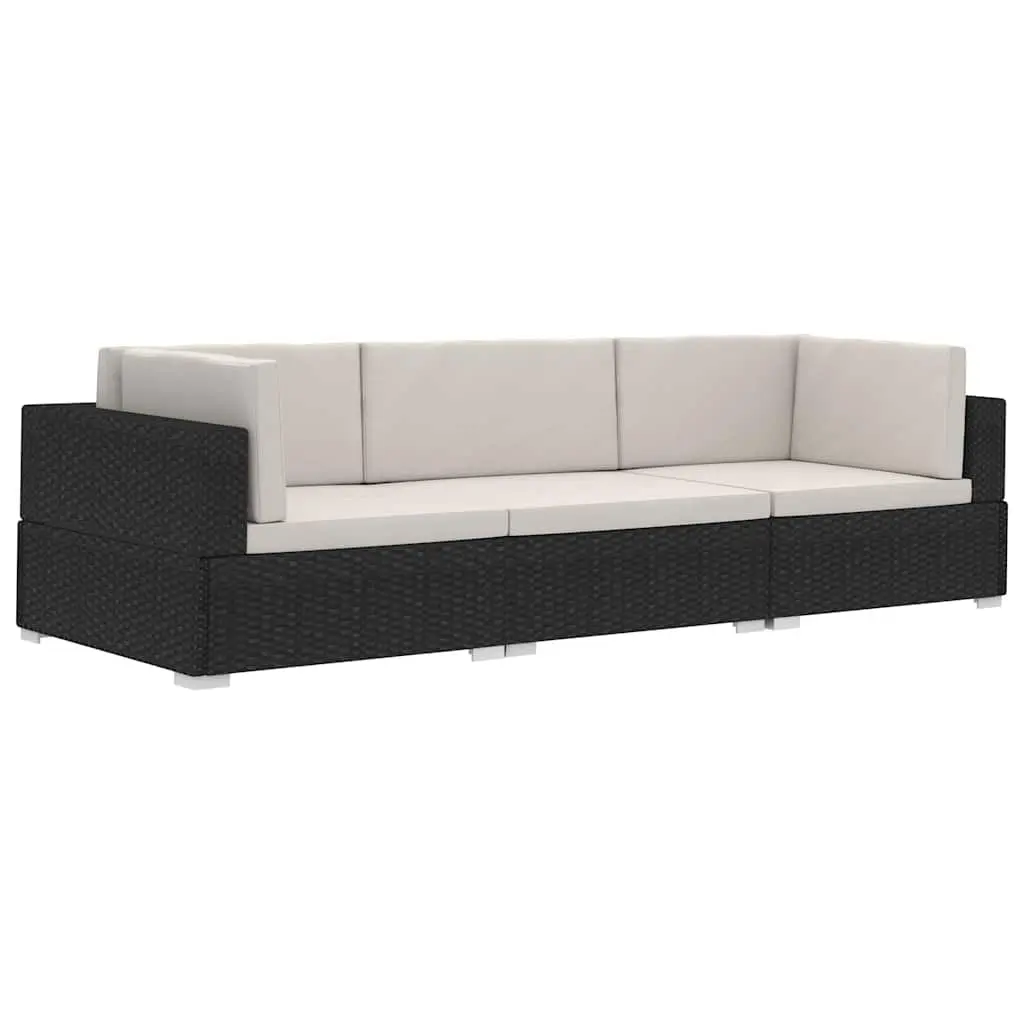 Outdoor Sofa Set for Garden Patio 3 Piece Black Poly Rattan with Cushions