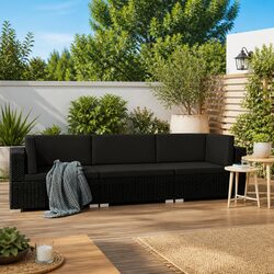 Outdoor Garden Sofa Set 3 Piece Poly Rattan Patio Furniture with Cushions Black