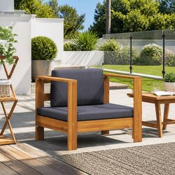 Garden Sofa Chair Outdoor Seating with Cushion Grey Wooden Armrest Lounge