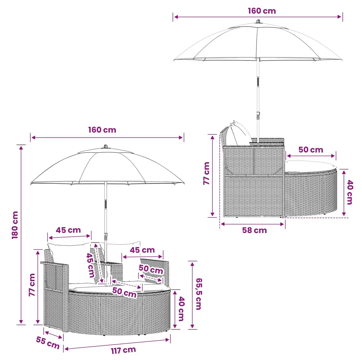 Rattan Lounge Bed Set for Garden and Patio with Removable Parasol and Cushions Black