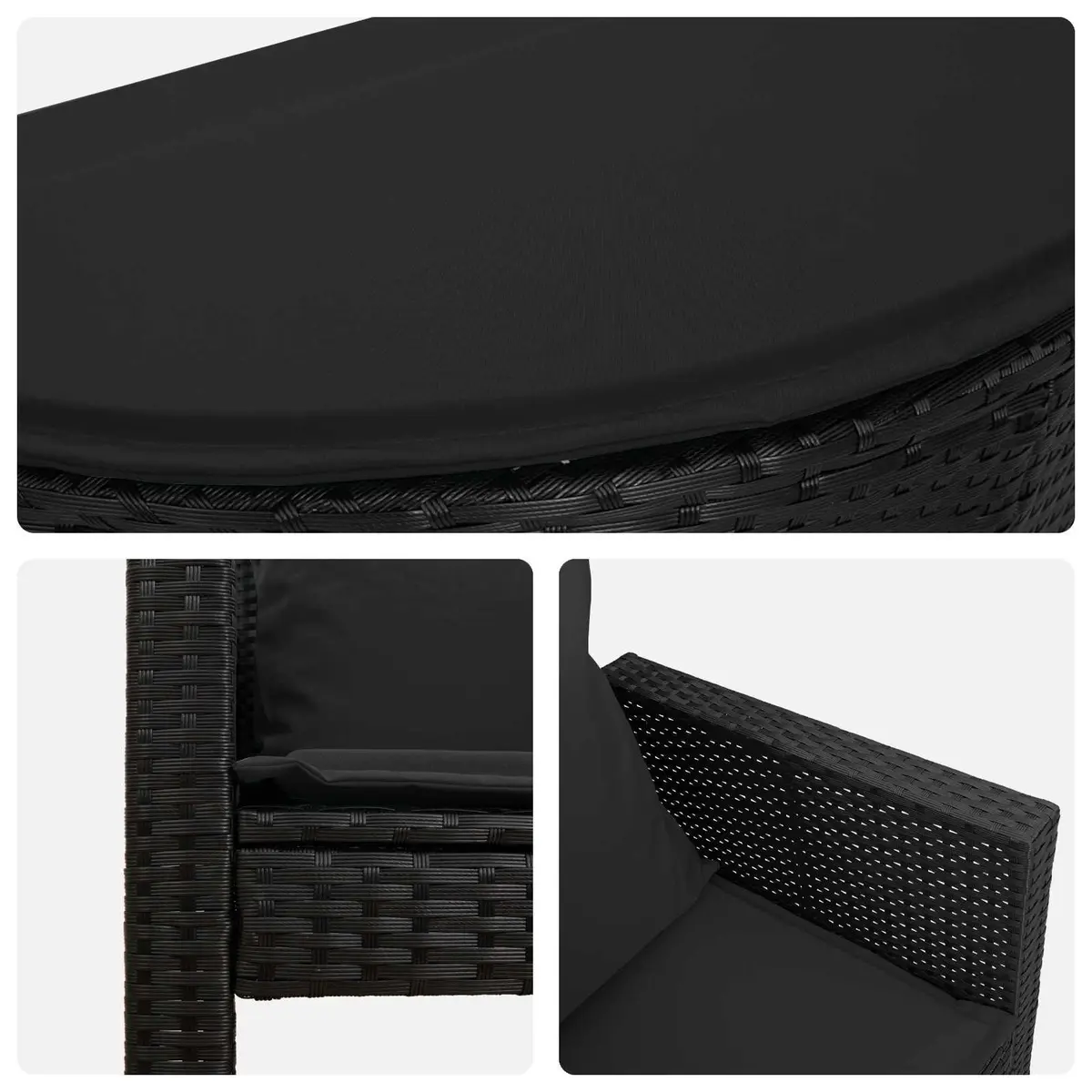 Rattan Lounge Bed Set for Garden and Patio with Removable Parasol and Cushions Black