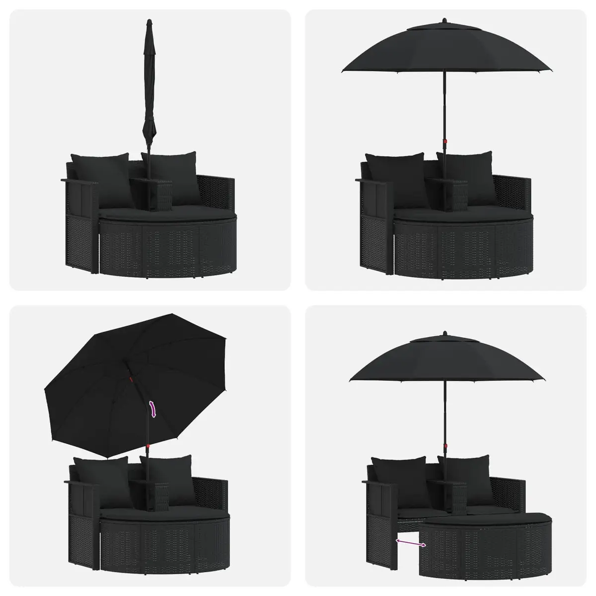 Rattan Lounge Bed Set for Garden and Patio with Removable Parasol and Cushions Black