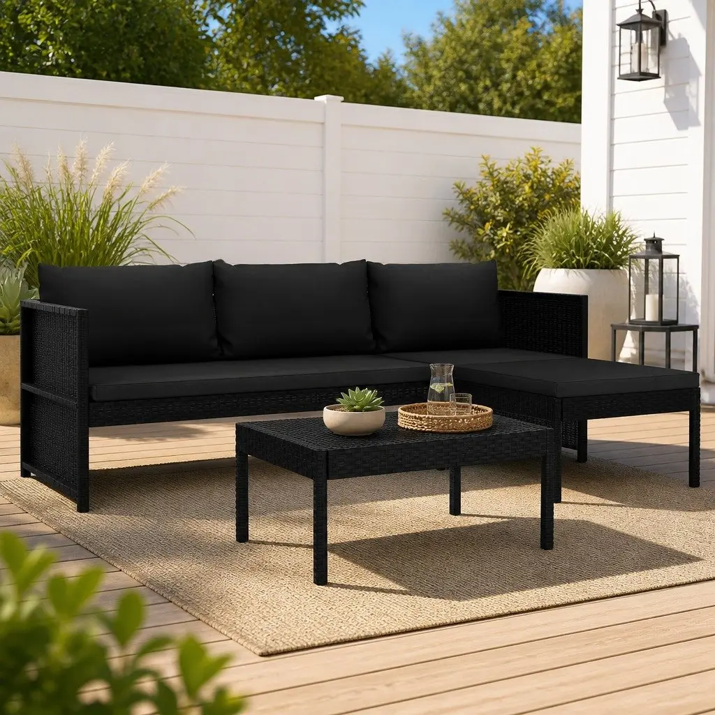 Outdoor Lounge Set 3 Piece Garden Furniture Poly Rattan Patio Sofa Black