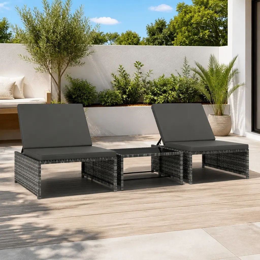 Reclining Garden Chairs 2pcs with Table Grey Poly Rattan Outdoor Lounge Set