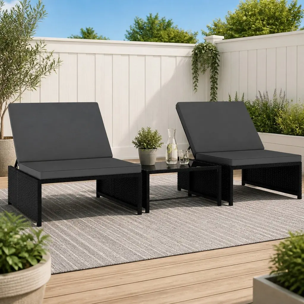 Reclining Garden Chairs Set for Outdoor Use Black Poly Rattan 2 Piece with Table