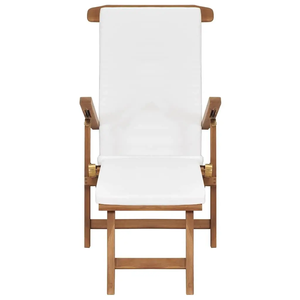 Deck Chair Outdoor Teak Wood Cream Reclining Backrest with Cushion