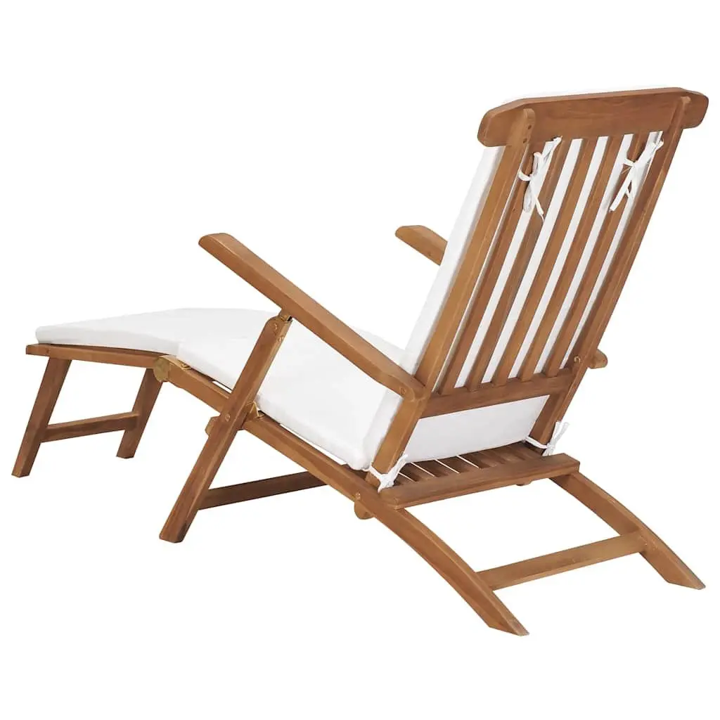 Deck Chair Outdoor Teak Wood Cream Reclining Backrest with Cushion