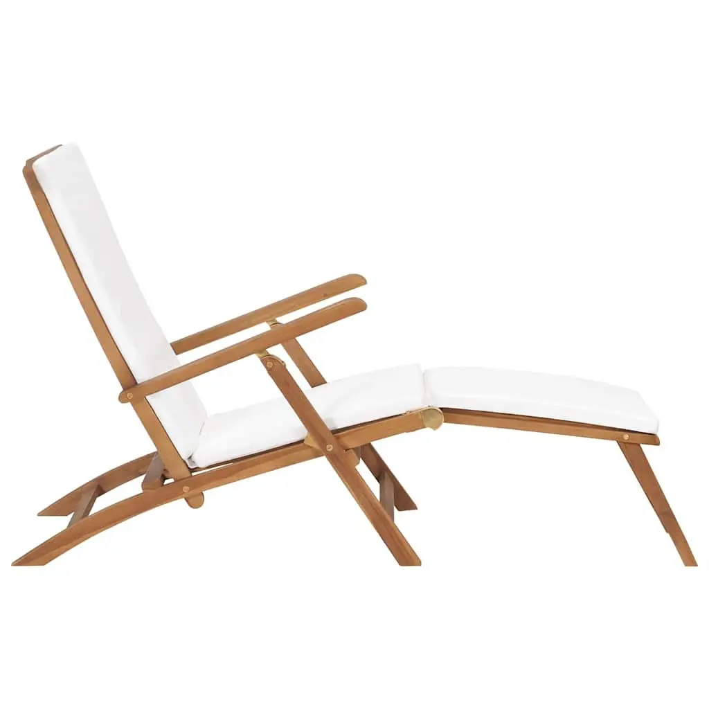 Deck Chair Outdoor Teak Wood Cream Reclining Backrest with Cushion