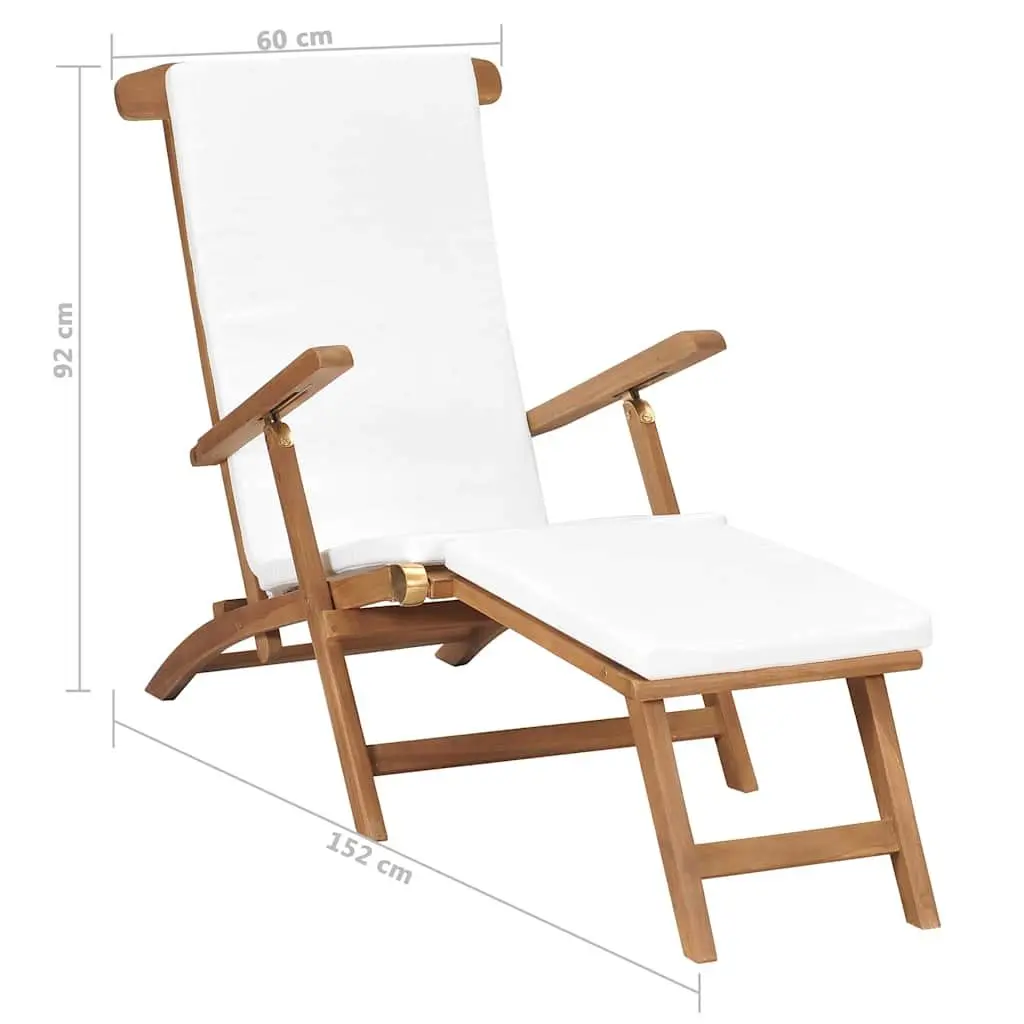 Deck Chair Outdoor Teak Wood Cream Reclining Backrest with Cushion