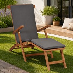 Grey Teak Hardwood Deck Chair with Reclining Backrest and Cushion