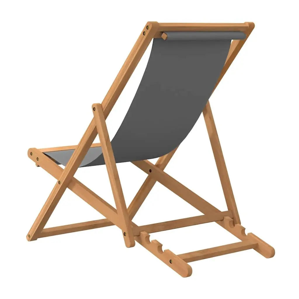 Folding Beach Chair Teak Wood Grey Outdoor Garden Deck Lounge Seat Adjustable