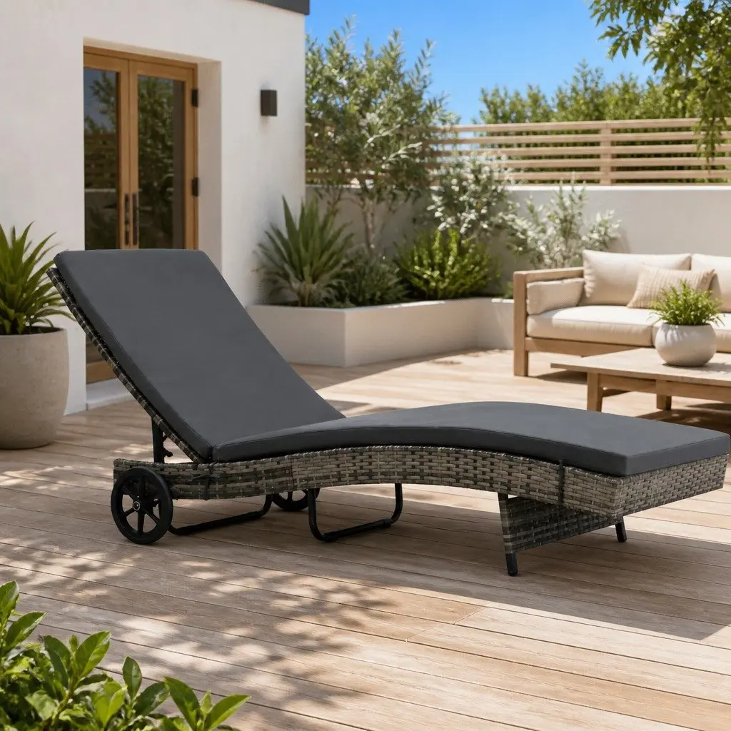 Sun Lounger Garden Patio Adjustable Backrest with Wheels and Cushion