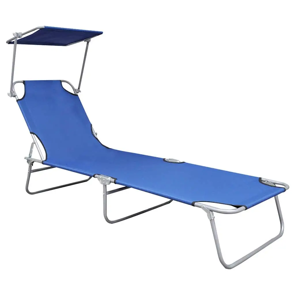 Folding Sun Lounger with Canopy Outdoor Patio Garden Blue