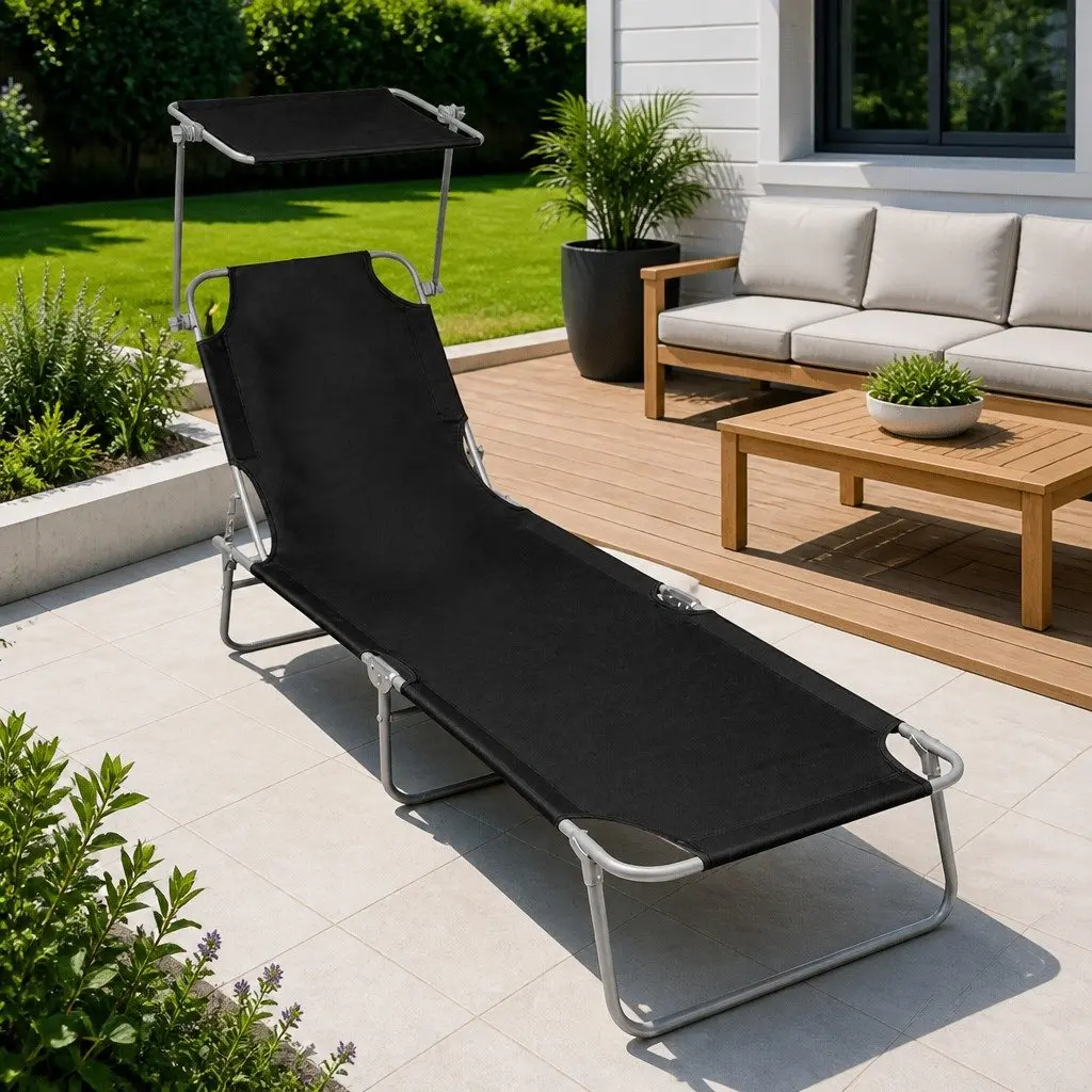 Sun Lounger with Canopy Outdoor Patio Garden Adjustable Backrest Black