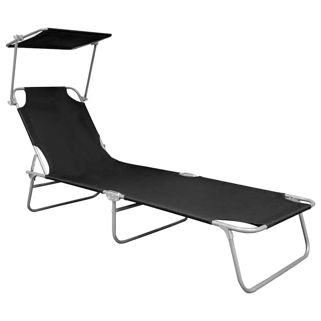 Sun Lounger with Canopy Outdoor Patio Garden Adjustable Backrest Black