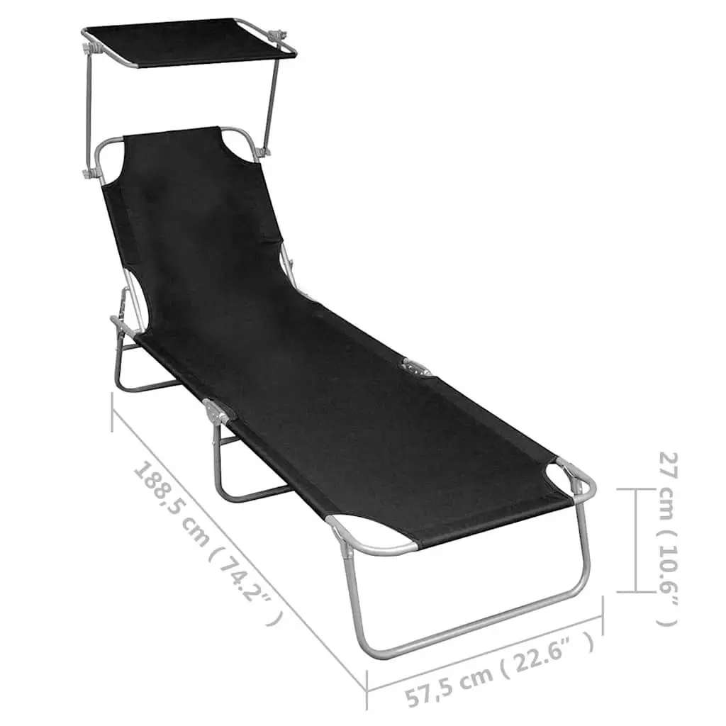 Sun Lounger with Canopy Outdoor Patio Garden Adjustable Backrest Black